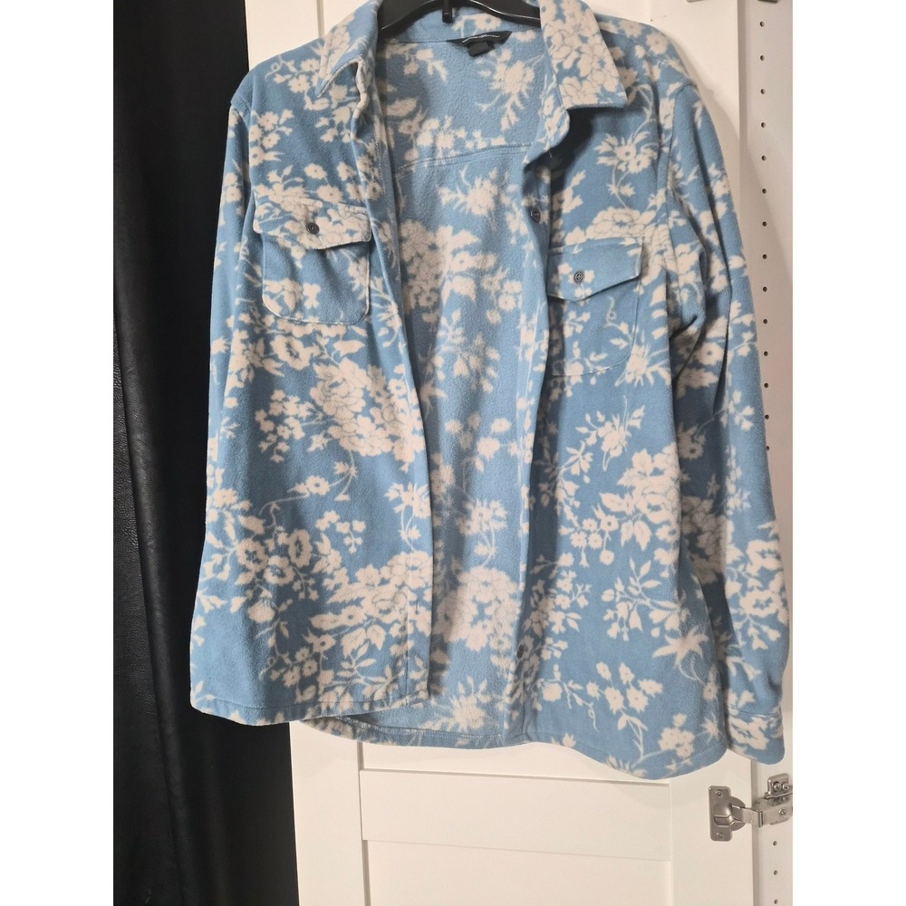 Eddie Bauer Women's Fleece Shirt Jacket Blue Floral Print Long Sleeve Size L
